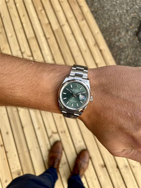 rolex date just 36 green|Rolex Datejust 36mm on wrist.